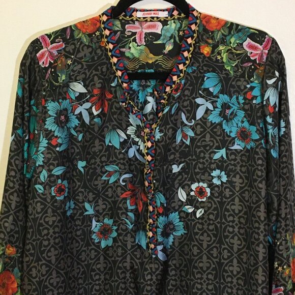 Johnny Was Kennedy Silk Embroidered Tunic Top Blouse Dragons Floral Artsy (IB) - Picture 7 of 16